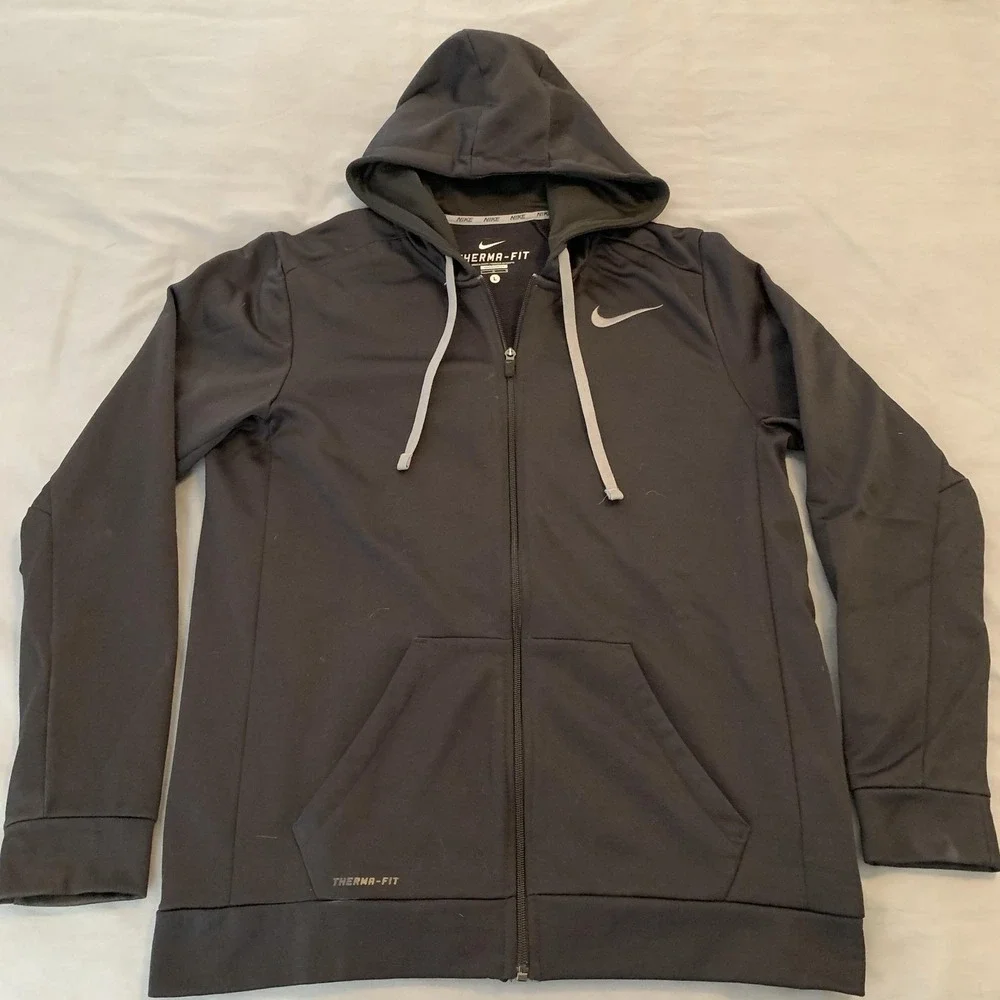 Nike Hoodie Mens Large Black Therma-Fit Full Zip Fleece Swoosh Logo Athletic